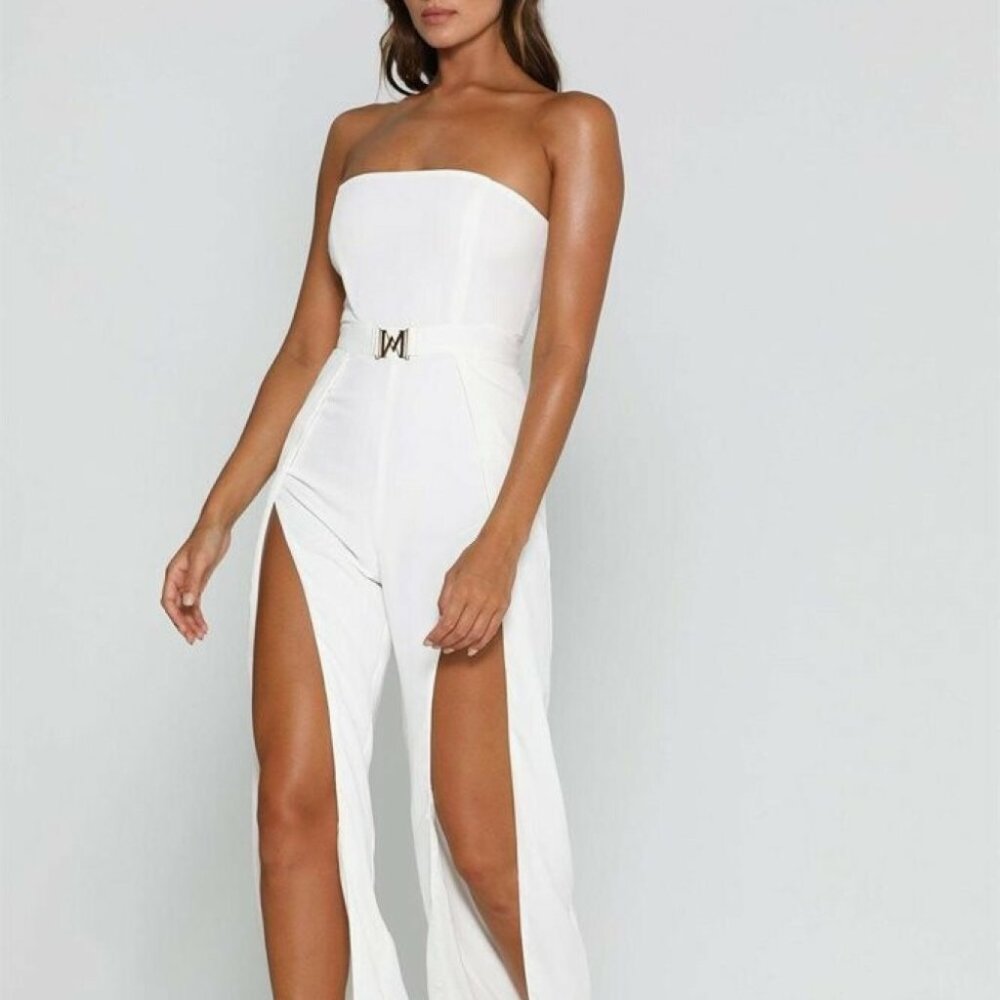 MESHKI Livia Split Leg White Strapless Jumpsuit NWT - Picture 2 of 13